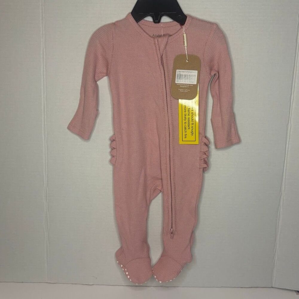 Angel Dear 2 Way Zipper Ruffle Back Footie Bamboo Waffle Cameo Pink 0-3M NWT